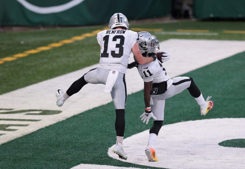 Henry Ruggs III and Hunter Renfrow celebrate a touchdown against the New York Jets on 12-6-20