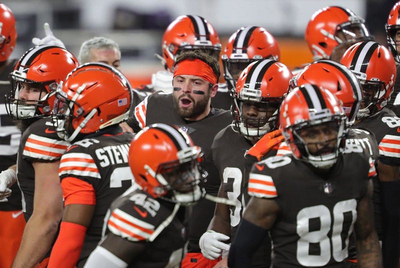 Cleveland Browns quarterback Baker Mayfield (6) gets his team fired up Cleveland Browns quarterback Baker Mayfield before an NFL football game against the Baltimore Ravens, Monday, Dec. 14, 2020, in Cleveland, Ohio. [Jeff Lange/Beacon Journal] Browns 15 2