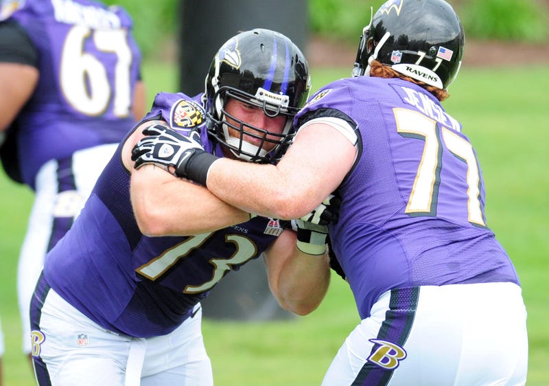 Marshal Yanda gets blocked by Ryan Jensen in minicamp