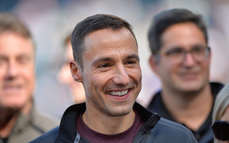 Oct 4, 2015; Cleveland, OH, USA; Cleveland Indians general manager Chris Antonetti stands on the field prior to a game between the Cleveland Indians and the Boston Red Sox at Progressive Field. Cleveland won 3-1. Mandatory Credit: David Richard-USA TODAY 