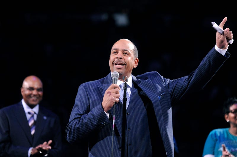 Charlotte Hornets former shooting guard Dell Curry is presented the key to Buzz City during a halftime ceremony at the game against the Golden State Warriors at Time Warner Cable Arena.