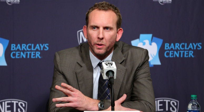 Sean Marks speaks to the media during a press conference before a game against the New York Knicks at Barclays Center.