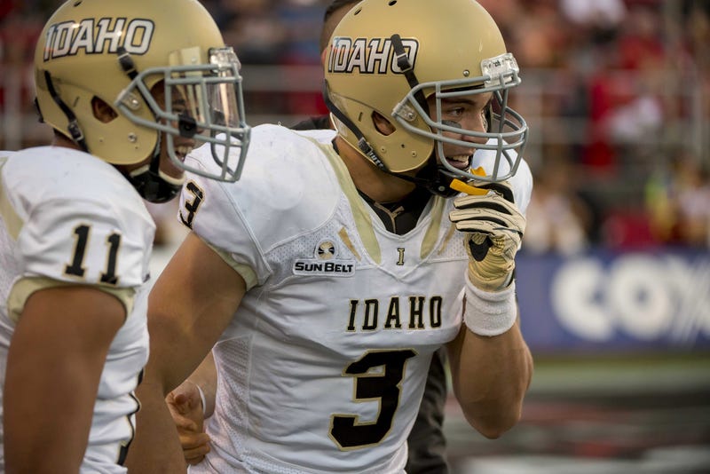 Sep 24, 2016; Las Vegas, NV, USA; Idaho Vandals linebacker Kaden Elliss (3) and Idaho Vandals safety Russell Siavii (11) react after scoring a touchdown against the UNLV Rebels during the first quarter at Sam Boyd Stadium.