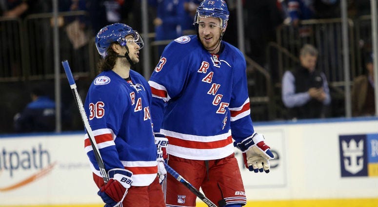 Kevin Hayes and Mats Zuccarello celebrate a 5-2 win over the Winnipeg Jets at Madison Square Garden.