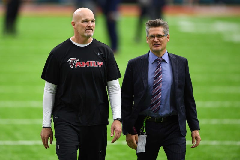 Feb 5, 2017; Houston, TX, USA; Atlanta Falcons head coach Dan Quinn and general manager Thomas Dimitroff walk the field before Super Bowl LI against the New England Patriots at NRG Stadium. Mandatory Credit: Bob Donnan-USA TODAY Sports
