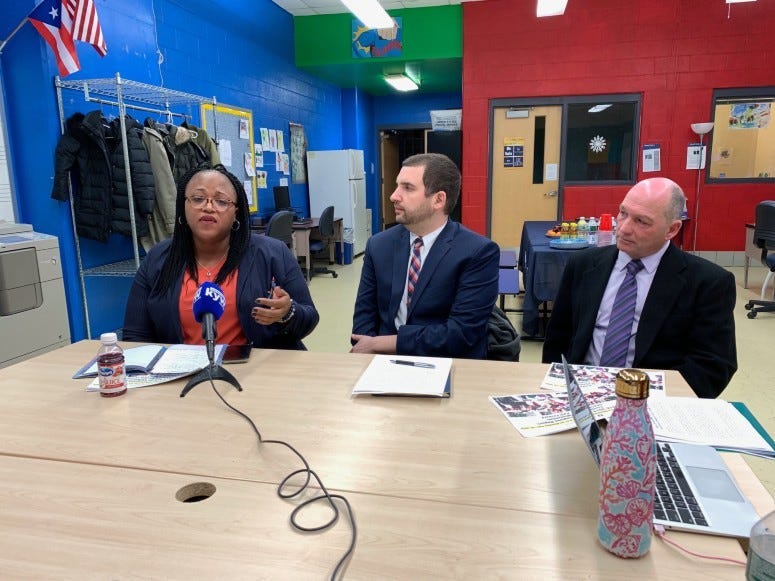 (L-R) Shakeera Warthen, pBregy Elementary principal; Josh Levinson, Lankenau Environmental Science principal; Paul Spina, Forrest Elementary principal