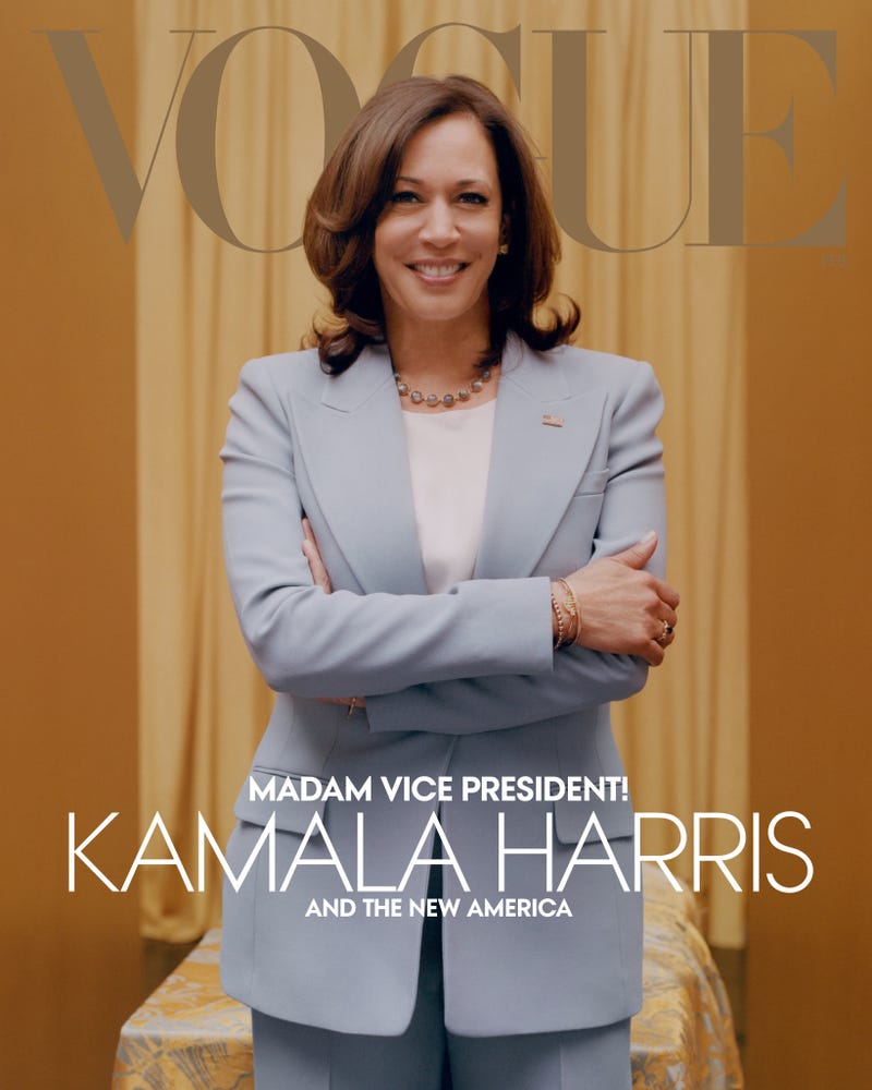 Vice President–elect Kamala Harris in a Michael Kors Collection suit on Vogue's February 2021 issues.