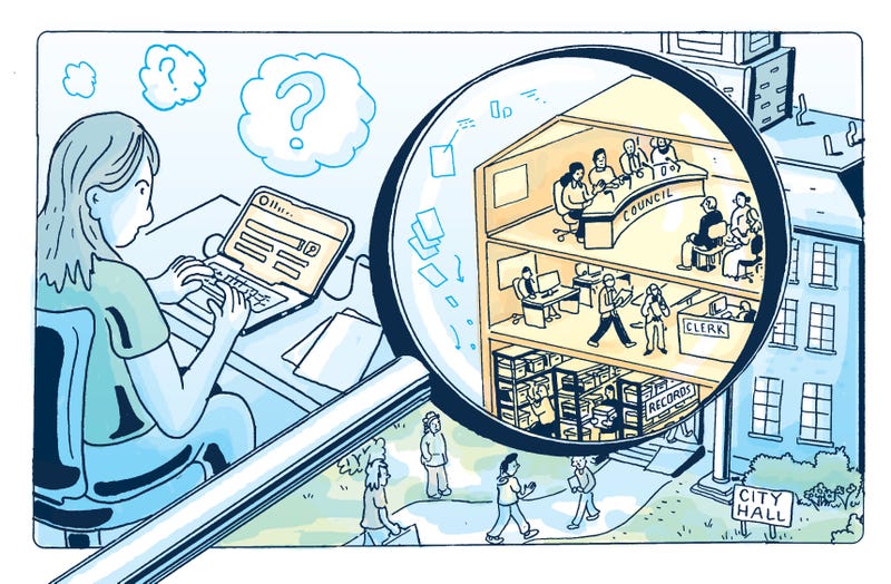 Illustration of a woman working at a computer next to a magnifying glass showing the various elements of local government work.