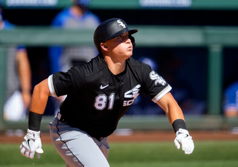 Andrew Vaughn watches as he skies a ball to the outfield