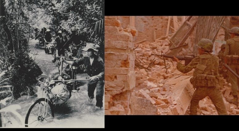 Viet Cong on a bicycle and US Army Rangers