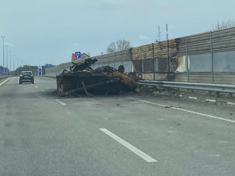 Burned out vehicles dot the highways through Eastern Ukraine.