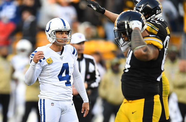 Adam Vinatieri reacts after missing a 60-yard field goal. 