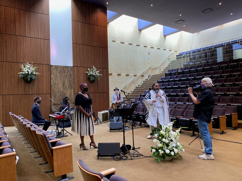The band at Congregation Beth Sholom prepares to celebrate the high holidays with a virtual performance