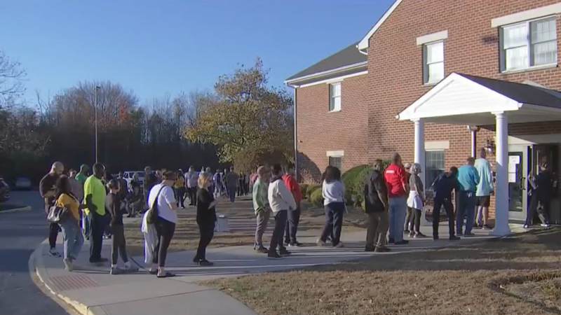 A long line wraps around a polling place in Eastampton, Burlington County on Nov. 5, 2024.