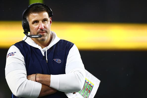 Titans head coach Mike Vrabel looks on during a playoff game. 