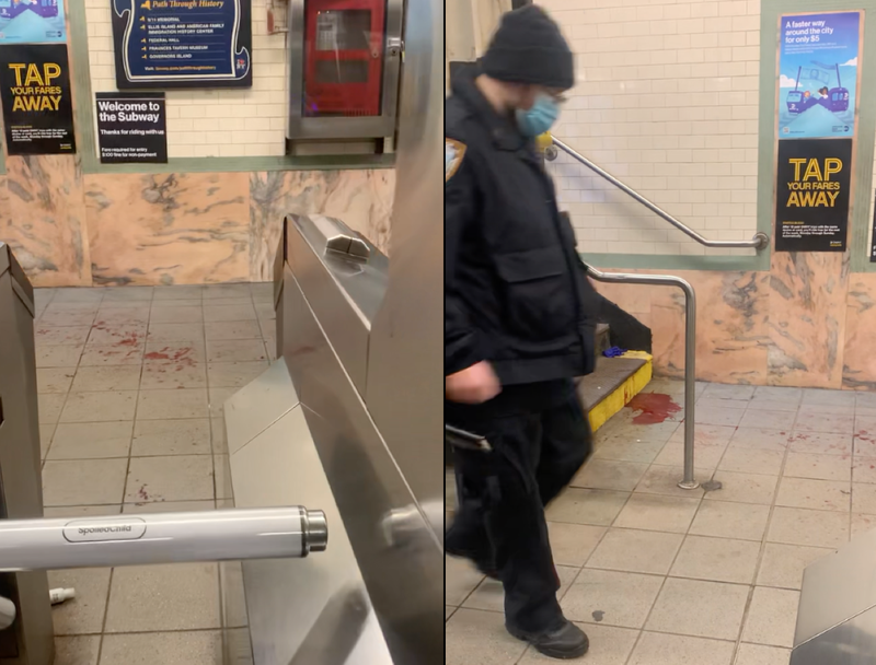 Blood is seen in the stairwell to the 4/5 Wall Street station on Tuesday morning