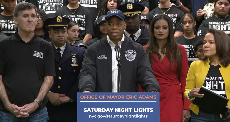 Mayor Eric Adams announces the opening of a year-round, free youth indoor baseball center in Washington Heights on Dec. 14, 2024.