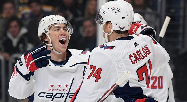 Washington Capitals left wing Alex Ovechkin (8) celebrates with teammates after scoring a goal against the Vegas Golden Knights in the second period in Game 3 of the Stanley Cup Final on June 2, 2018, at Capital One Arena in Washington, D.C.