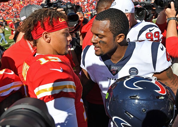 Patrick Mahomes of the Chiefs greets Deshaun Watson of the Texans