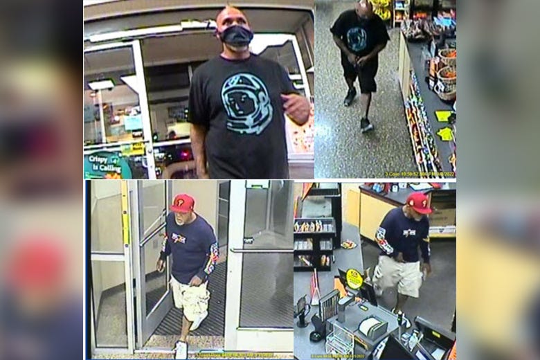 The suspect is shown entering two Wawas and pulling a handgun to demand money.