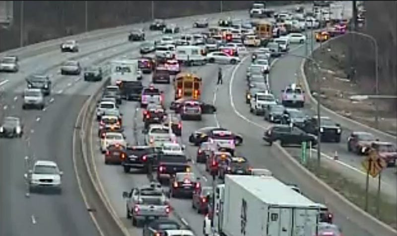 School buses and cars going the wrong way on the westbound Schuylkill Expressway, which is closed past Montgomery Drive.