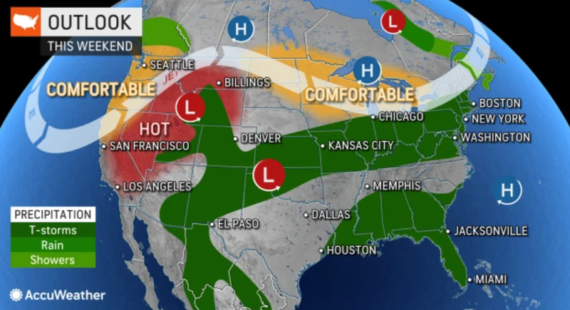 Map showing weather predictions for weekend