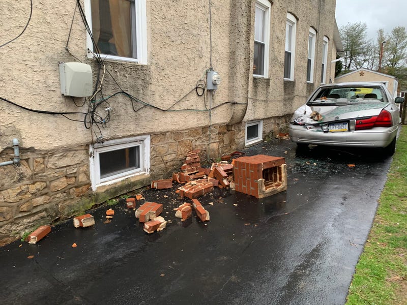 A chimney collapsed and chunks of brick smashed into the car parked below at this house in West Norriton, Montgomery County, on Christmas Eve, 2020.