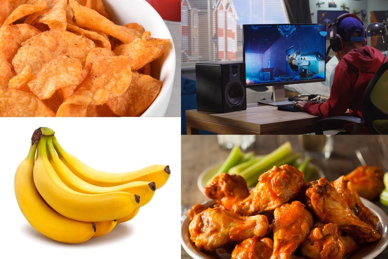 Video games, bananans, BBQ chips and chicken wings