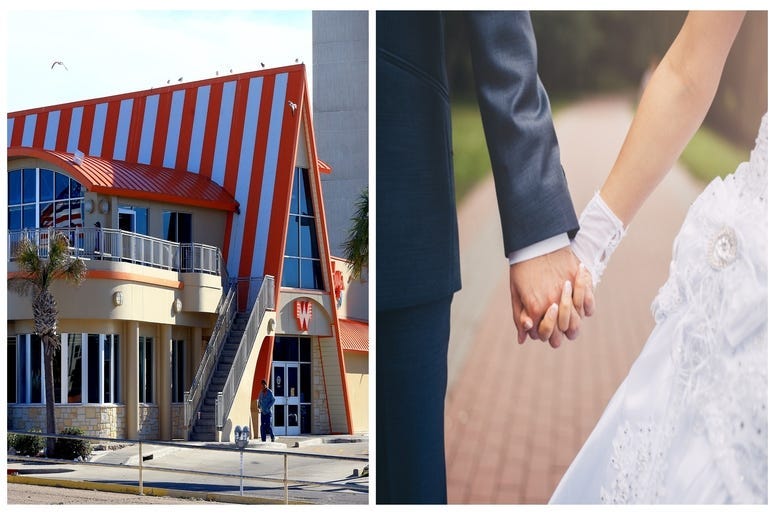 (Left)  Whataburger, bride and groom holding hands (Right)