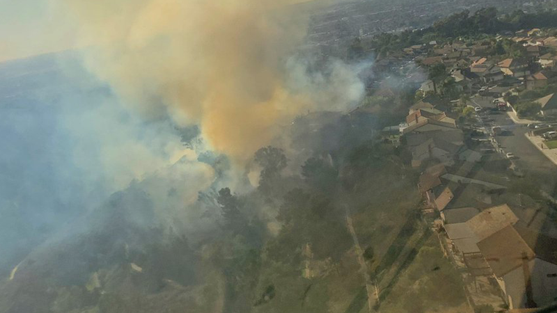 Aerial image of a the "Sycamore Fire" burning in Whittier, Calif. on Feb. 10, 2022. Personnel with the Los Angeles County Fire Department Air Operations Section utilized water dropping helicopters to assist.