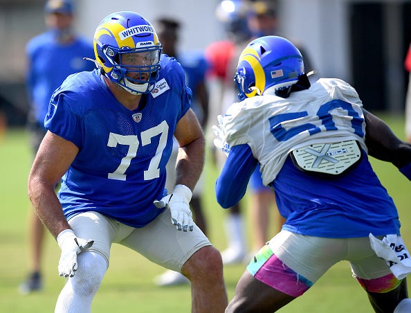 Ram LT Andrew Whitworth blocks during a practice. 
