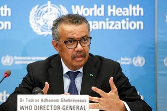 FILE - In this Feb. 24 file photo, Tedros Adhanom Ghebreyesus, Director General of the World Health Organization, addresses a press conference about the update on COVID-19 at the WHO headquarters. (Salvatore Di Nolfi/Keystone via AP, File)