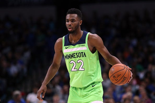 Andrew Wiggins dribbles the ball up court for the Timberwolves. 