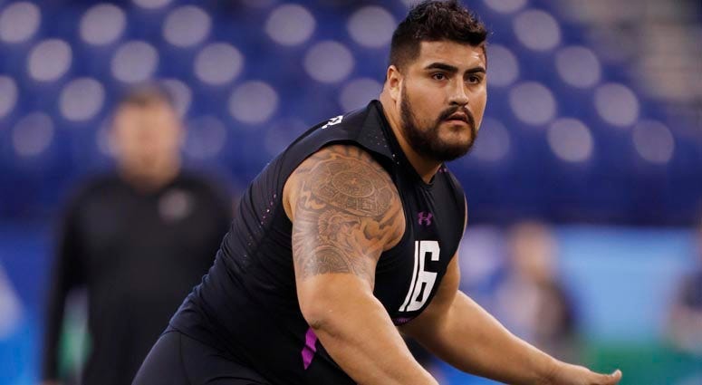Guard Will Hernandez works out at the NFL combine on March 2, 2018, in Indianapolis.