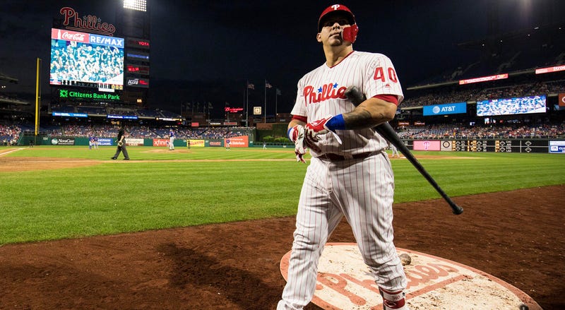 Sep 19, 2018; Philadelphia, PA, USA; Philadelphia Phillies catcher Wilson Ramos (40) walks to the plate to bat during the fourth inning against the New York Mets at Citizens Bank Park. Mandatory Credit: Bill Streicher-USA TODAY Sports