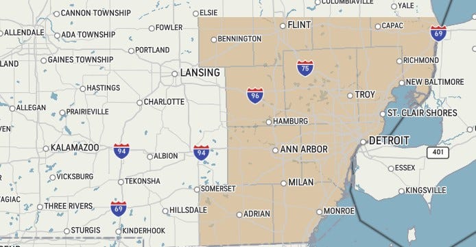 Map shows area under a wind advisory.