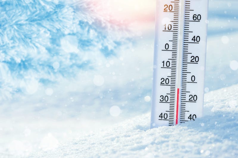 Winter background with thermometer in the snow on frosty day