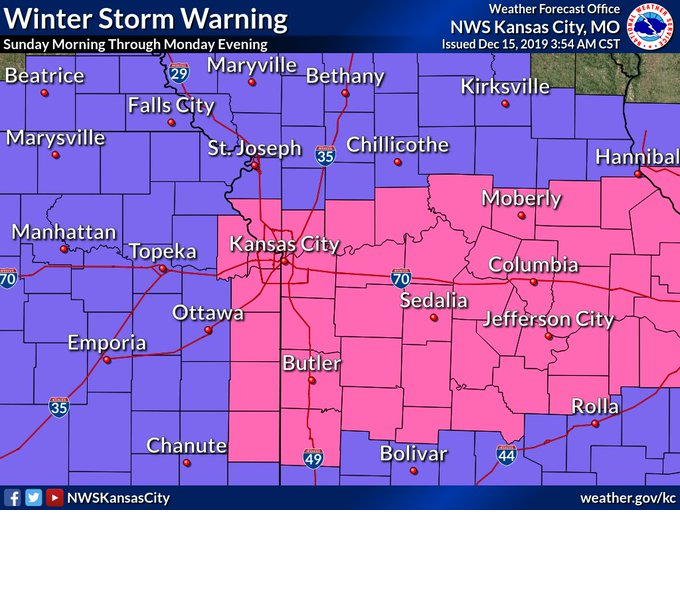 National Weather Service graphic that shows the area covered by winter storm warning