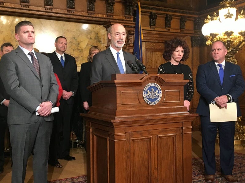 Gov. Tom Wolf announces a new shale tax proposal at the state Capitol.