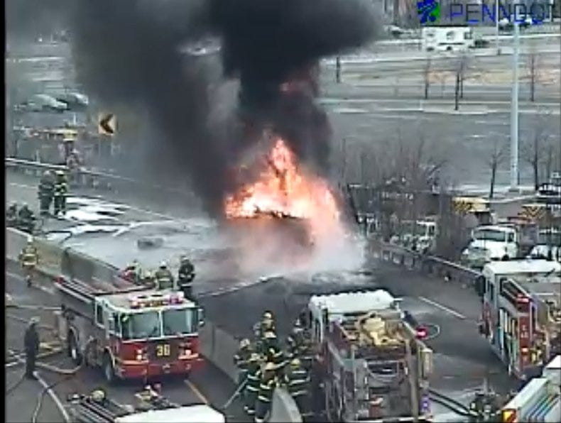 Crews working to extinguish this fire on Woodhaven Rd ramps at the North 95 ramps