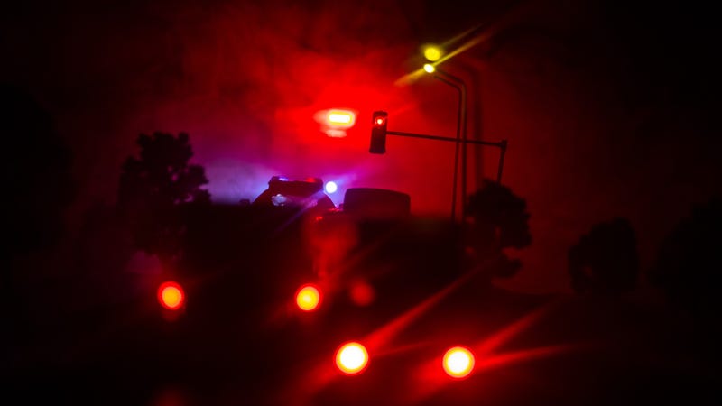 Lighting of police car in the night during accident on the road - stock photo