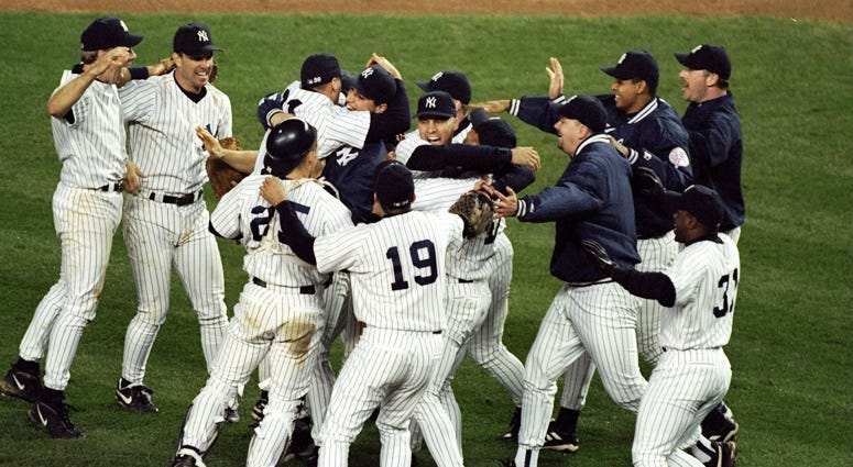 General view as members of the Yankees celebrate winning the pennant following the American League Championship Series game on Oct. 13, 2018, against the Cleveland Indians at Yankee Stadium.