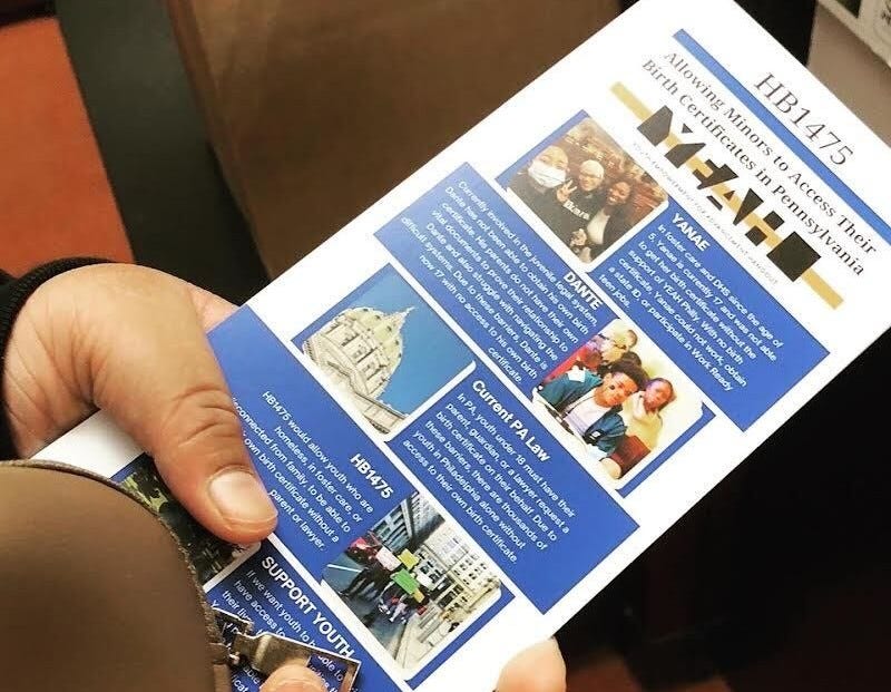 A YEAH Philly pamphlet advocates for legislation allowing Pennsylvania youth to access their birth certificates.