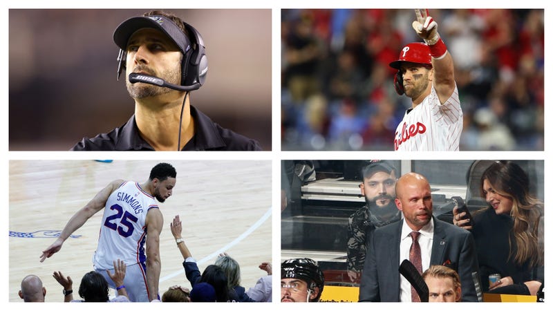 Clockwise from top left: Eagles coach Nick Sirianni, Phillies outfielder Bryce Harper, former Flyers coach Alain Vigneault, Sixers guard Ben Simmons.