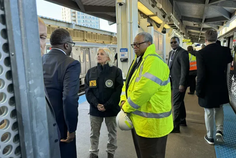 NTSB Chair Jennifer Homendy talking with Mayor Johnson, CTA president Dorval Carter