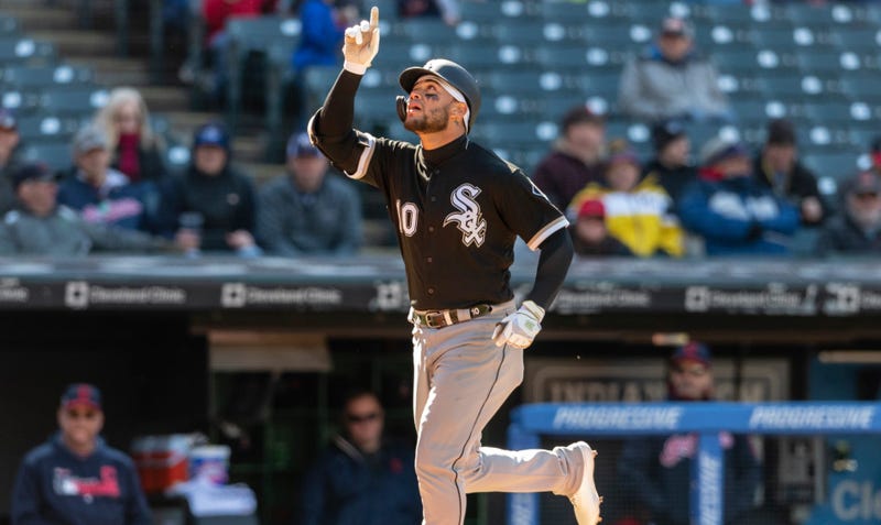 White Sox infielder Yoan Moncada celebrates after hitting a homer.