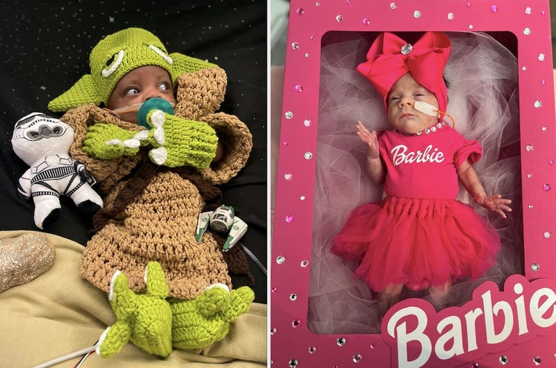 babies in costumes -- Yoda and Barbie