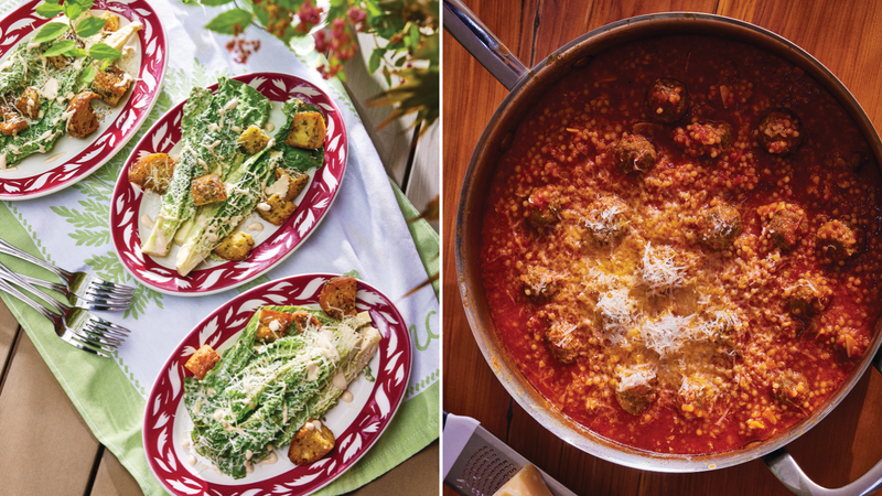 Left: Tehina Caesar salad. Right: Israeli couscous and meatballs.