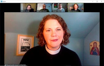 In this April 2, 2020, frame from a Zoom video, the Rev. Laura Everett in Boston delivers a sermon for Boston’s First Baptist Church. (The Rev. Laura E. Everett via AP)