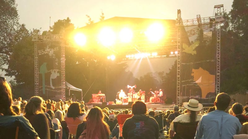 ZooTunes crowd watches a concert on stage at dusk